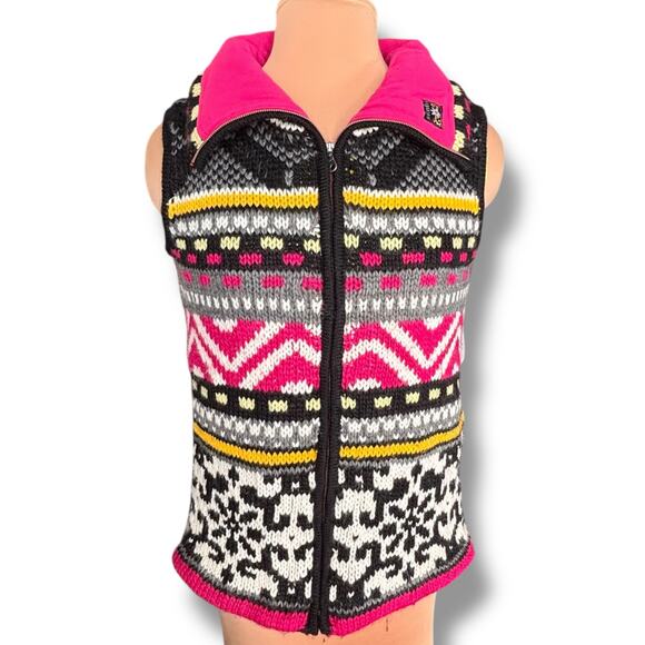 Vintage Icelandic Design Knit Vest Zip Front Pink Black Fair Isle Wool Blend - Picture 1 of 13